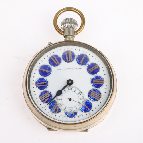 1073 - An Antique nickel open-face keyless Goliath pocket watch, white enamel dial with hand painted Roman ... 