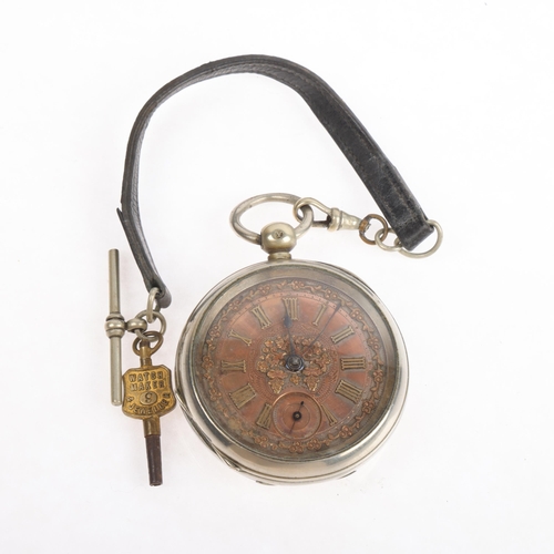 1087 - A 19th century Swiss silver plated open-face key-wind pocket watch, copper dial with applied Gothic ... 