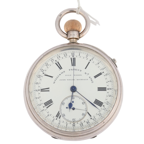 1096 - An early 20th century silver open-face keyless Williams Patent Fast Beating chronograph pocket watch... 