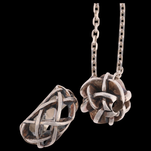 1558 - A Danish brutalist sterling silver pendant necklace and ring, pendant by Anette & Michael Arleth, 19... 