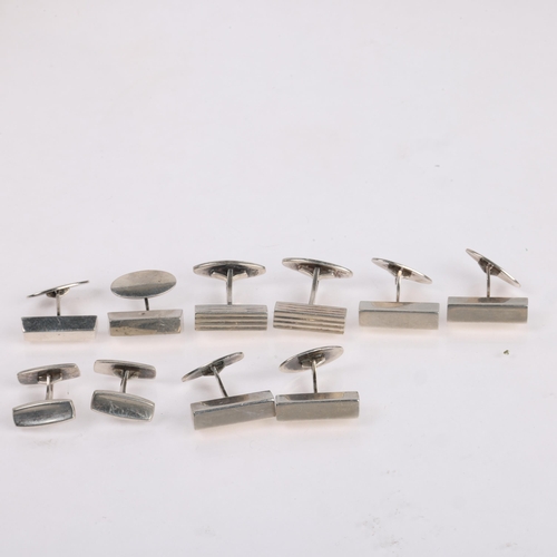 1563 - 5 pairs of Danish modernist silver block cufflinks, makers include Hermann Siersbol, largest panel 2... 