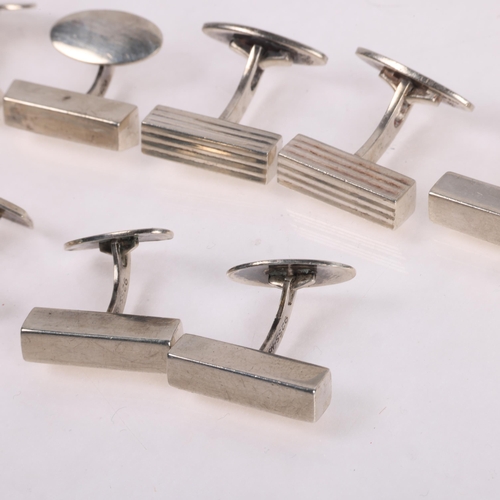 1563 - 5 pairs of Danish modernist silver block cufflinks, makers include Hermann Siersbol, largest panel 2... 