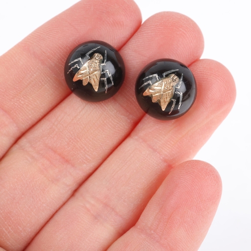 1110 - A pair of Antique Victorian gold and silver inlaid tortoiseshell 'Fly' insect stud earrings, with 9c... 