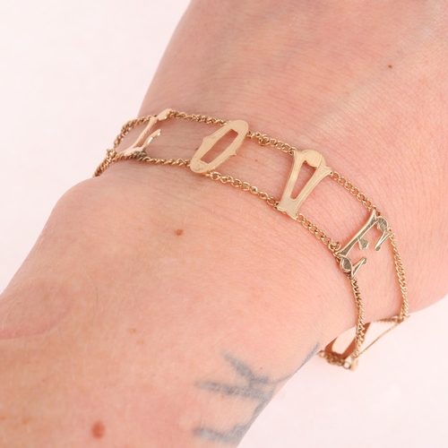 1114 - A Vintage 9ct gold 'I Love You' bracelet, Fred Manshaw Ltd, London 1965, band width 13mm, 18.5cm, 4.... 