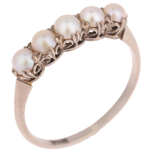 1115 - An Antique Edwardian 18ct white gold five stone split pearl half hoop ring, with fleur-de-lis bridge... 