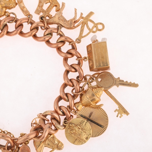 1116 - An Antique 9ct rose gold hollow curb link charm bracelet, maker WJS, with 9ct heart padlock clasp an... 