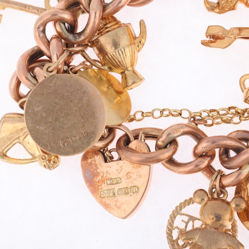 1116 - An Antique 9ct rose gold hollow curb link charm bracelet, maker WJS, with 9ct heart padlock clasp an... 