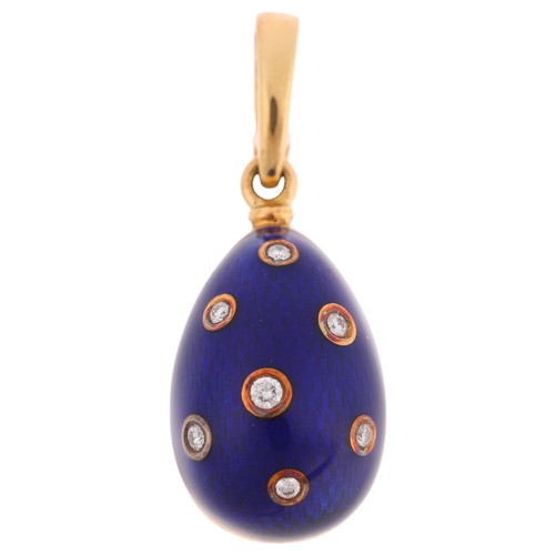 1104 - FABERGE - an 18ct gold blue enamel and diamond egg pendant, with engine turned blue guilloche enamel... 