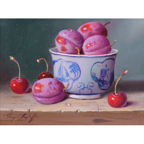 659 - Raymond Campbell (born 1956), Plums And Cherries, still life oil on board, 14cm x 19cm, framed