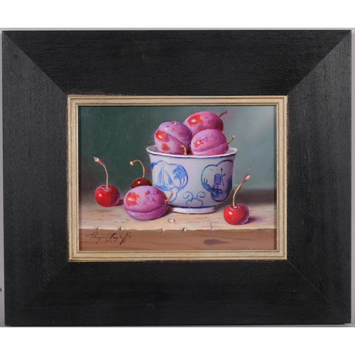 659 - Raymond Campbell (born 1956), Plums And Cherries, still life oil on board, 14cm x 19cm, framed