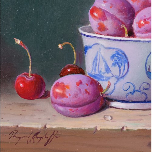 659 - Raymond Campbell (born 1956), Plums And Cherries, still life oil on board, 14cm x 19cm, framed