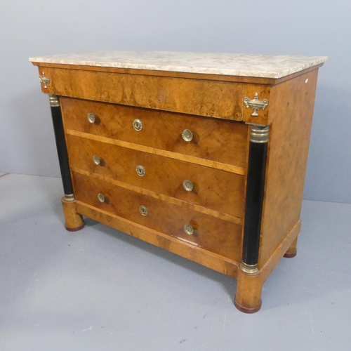 2021 - A 19th century French Empire style marble topped commode chest of four long drawers, with burr and f... 