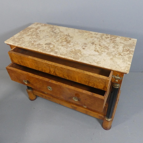 2021 - A 19th century French Empire style marble topped commode chest of four long drawers, with burr and f... 
