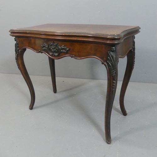 2209 - A 19th century Rosewood fold-over card table, with applied carved decoration and raised on cabriole ... 