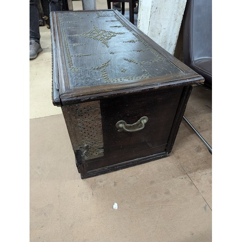 2218 - A 19th century Zanzibar trader's chest of hardwood construction, with copper and studded brass decor... 