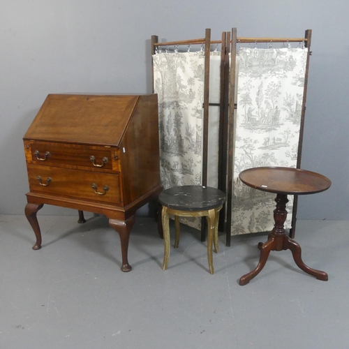 2109 - A late 19th century mahogany bureau, a four fold screen, an antiue mahogany wine table and marble to... 