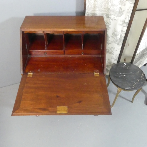 2109 - A late 19th century mahogany bureau, a four fold screen, an antiue mahogany wine table and marble to... 