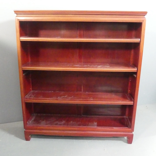 2112 - A Chinese hardwood open bookcase with three adjustable shelves. Width 107cm, height 122cm, depth 28c... 