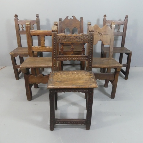 2150 - An 18th/19th century Harlequin set of six Spanish rustic panelled oak dining chairs.