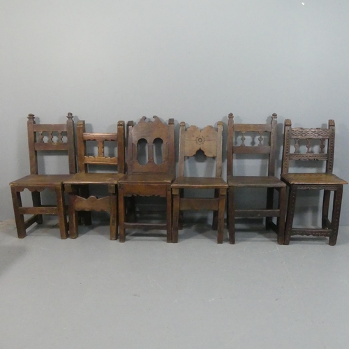 2150 - An 18th/19th century Harlequin set of six Spanish rustic panelled oak dining chairs.