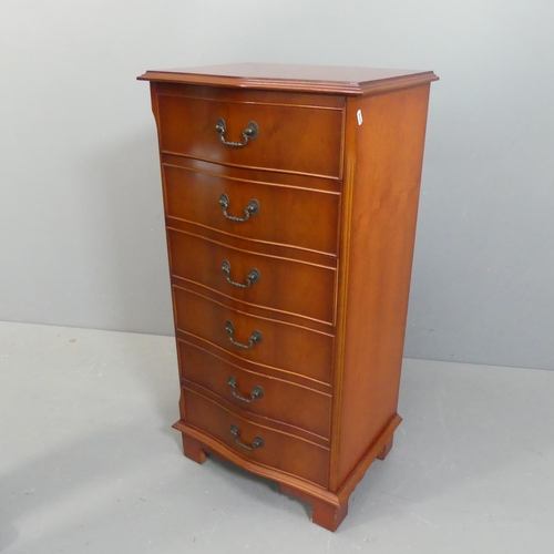 2158 - A reproduction yew-wood serpentine fronted chest of six drawers. Width 51cm, height 101cm, depth 39c... 