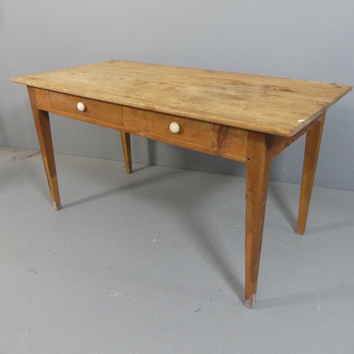 2203 - A Victorian pine two drawer kitchen table raised on square tapered legs. Length 148cm, height 78cm, ... 