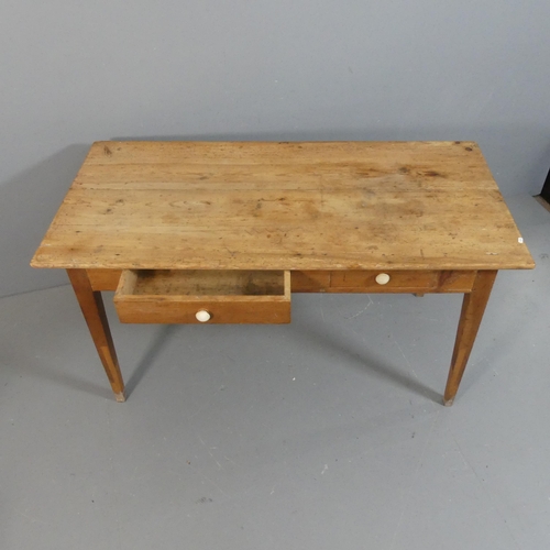 2203 - A Victorian pine two drawer kitchen table raised on square tapered legs. Length 148cm, height 78cm, ... 