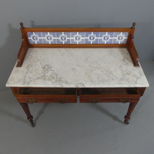 2206 - A Victorian mahogany and marble topped wash stand, with raised tiled back, two drawers, raised on tu... 