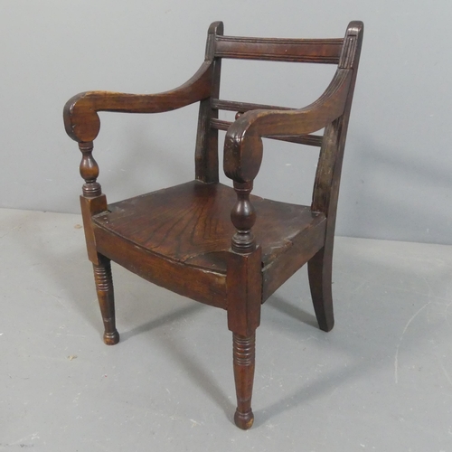 2221 - An antique mahogany and elm seated Georgian style child's chair. Overall height 54cm.