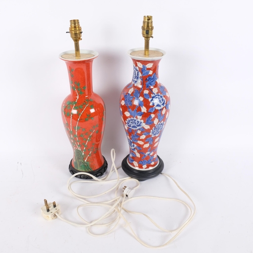 104 - 2 Japanese red ground baluster vase table lamps, largest 40cm excluding fitting