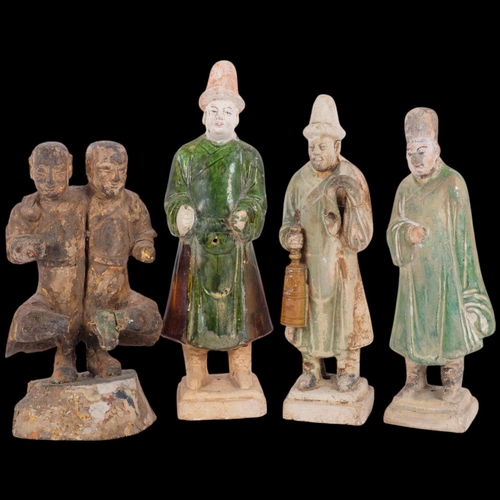 122 - 3 Chinese Ming Dynasty Sancai glazed pottery figures, and a Buddhist carved painted and giltwood dou... 