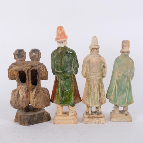 122 - 3 Chinese Ming Dynasty Sancai glazed pottery figures, and a Buddhist carved painted and giltwood dou... 