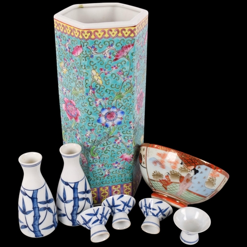 123 - A Chinese turquoise glaze porcelain hexagonal sleeve vase, a Japanese porcelain bowl, etc