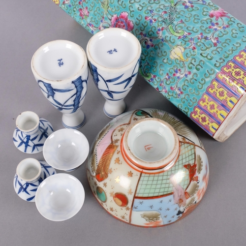 123 - A Chinese turquoise glaze porcelain hexagonal sleeve vase, a Japanese porcelain bowl, etc