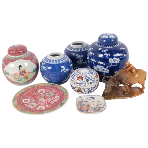 125 - A Chinese blue and white porcelain prunus pattern ginger jars, a soapstone water buffalo, 13cm, etc