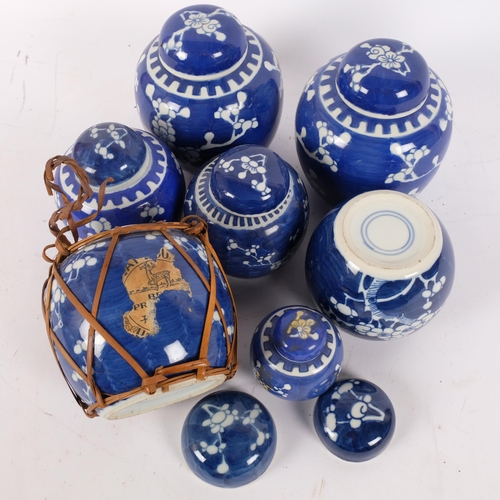 128 - 7 Chinese blue and white porcelain prunus pattern ginger jars and covers, largest 15cm