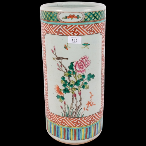 135 - A Chinese famille vert ceramic barrel stick stand, 45cm