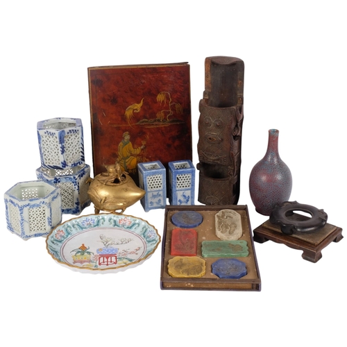 149 - Various Asian collectables, including bamboo boat, brass peach censer, Japanese lacquer calligraphy ... 