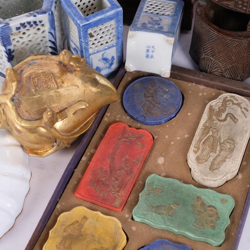 149 - Various Asian collectables, including bamboo boat, brass peach censer, Japanese lacquer calligraphy ... 