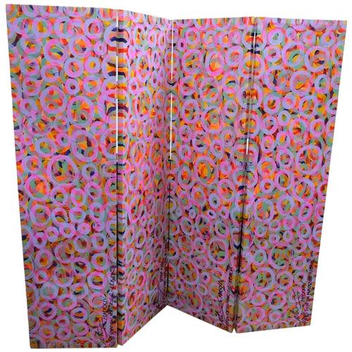 154 - A handmade psychedelic  4-fold screen room divider, by Royston Du Maurier Lebek, signed, H150cm