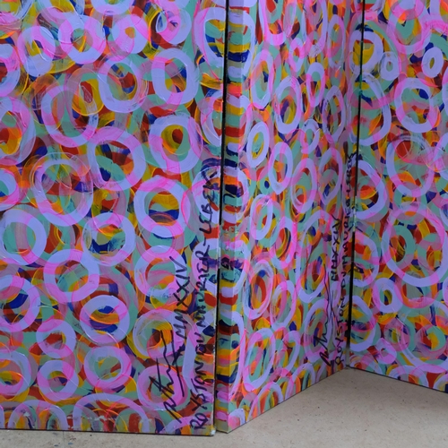 154 - A handmade psychedelic  4-fold screen room divider, by Royston Du Maurier Lebek, signed, H150cm