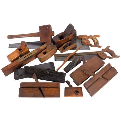 159 - A collection of Vintage woodworking hand tools, including brass-backed tenon saw, brass-mounted leve... 