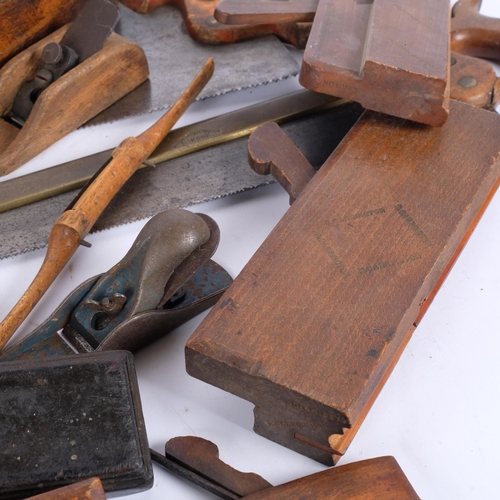159 - A collection of Vintage woodworking hand tools, including brass-backed tenon saw, brass-mounted leve... 
