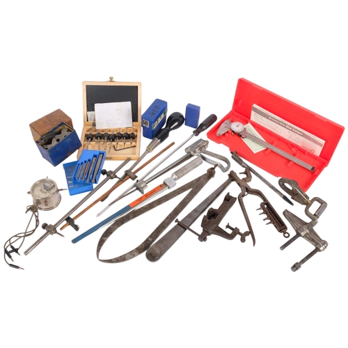 163 - A box of various engineering and other tools, calipers, gauges, drill bits, etc (boxful)