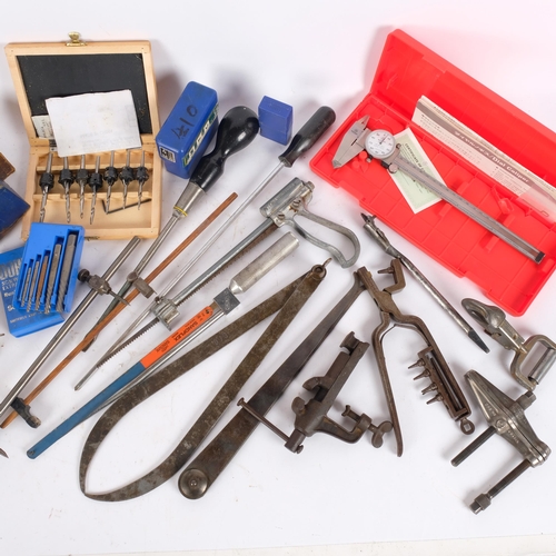 163 - A box of various engineering and other tools, calipers, gauges, drill bits, etc (boxful)