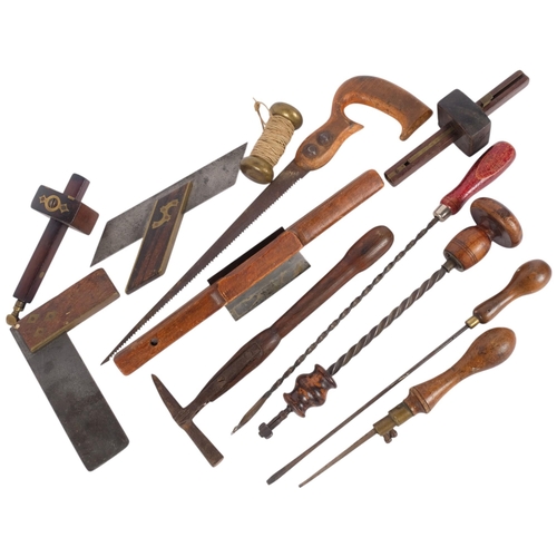 164 - A box of various Vintage tools, including brass-mounted squares, marking gauges, screwdrivers, etc (... 