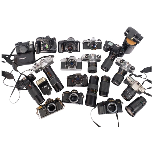 201 - A large quantity of various cameras and lenses, including an Olympus OM40, a Praktica LT, a Nikon FG... 