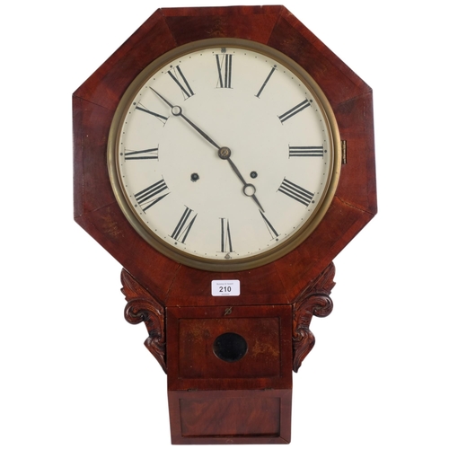 210 - A Victorian cross-banded mahogany drop-dial wall clock, 8-day movement, with key and pendulum, W42cm