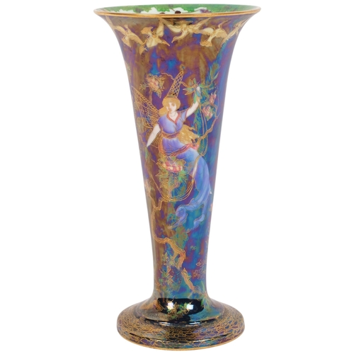 WEDGWOOD - a Fairyland lustre 'Butterfly Woman' trumpet vase, designed by Daisy Makeig-Jones, pattern no. Z4968, printed and painted in colours on a midnight black lustre ground, printed and painted factory marks, 24cm