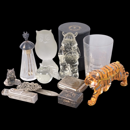 308 - Various collectables, including silver miniature pillbox, leather-cased medicine glass, tiger trinke... 